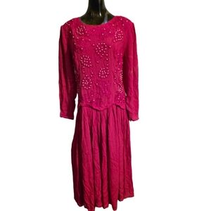 Vintage Sarin New York Beaded Maxi Dress Size M Pink 80s Drop Waist Rayon